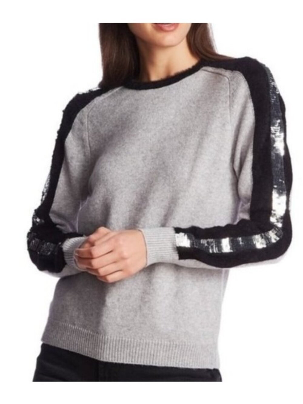 NWT 1STATE S GRAY BLACK SHAGGY FAUX FUR FLIP SEQUIN SLEEVE PULLOVER SWEATER TOP
